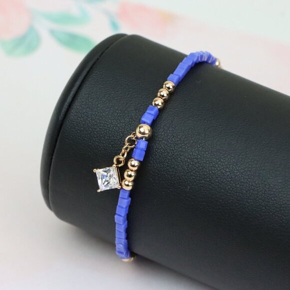 Elegant Rose Gold Bracelet with Blue Beads and Sparkling Charm, XPBL0634 - Picture 8 of 12